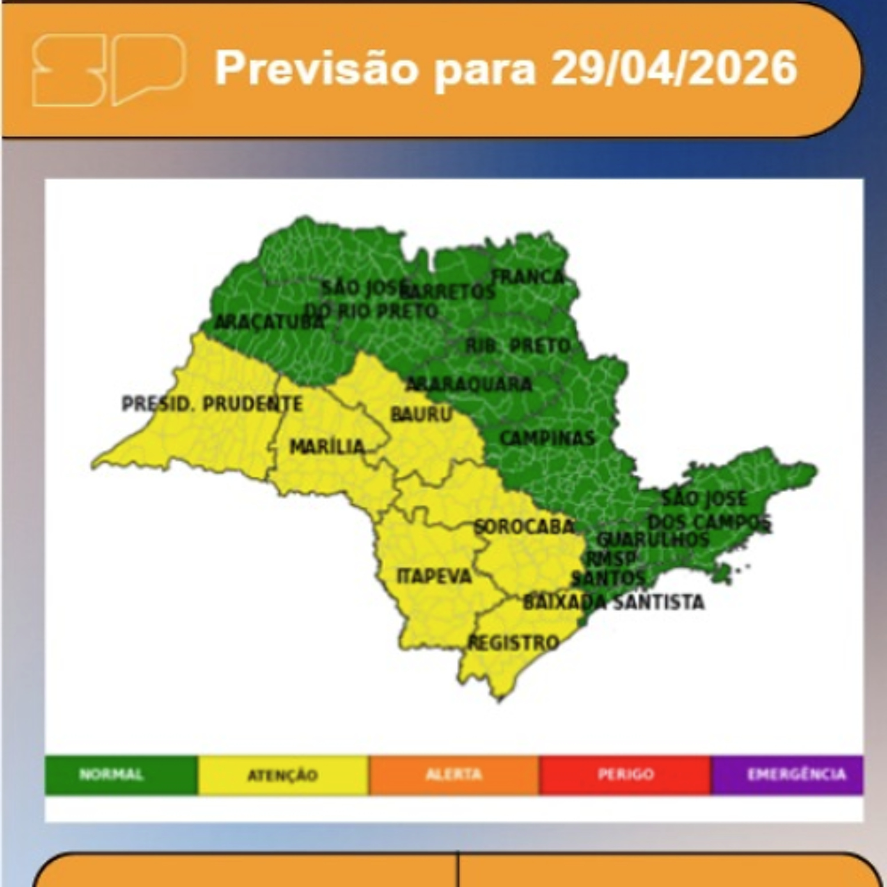 Defesa Civil - Quarta-feira, 29/04, a frente fria se afasta mas a atuação de um sistema de baixa pressão atmosférica na costa do estado ainda deixa o tempo instável