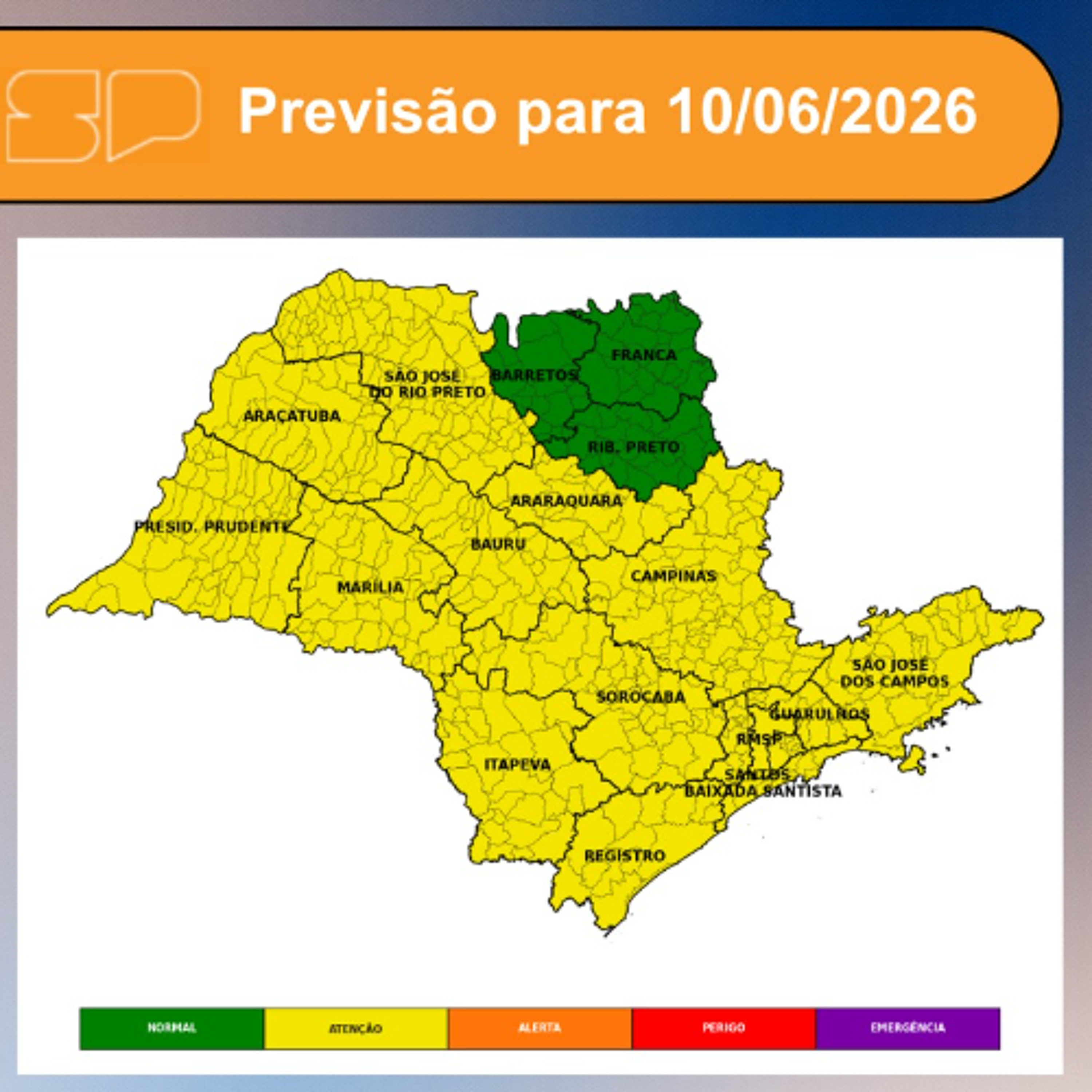 Defesa Civil - Quarta-feira, dia 10/06, o dia começa com sol entre muitas nuvens na maior parte do estado de São Paulo