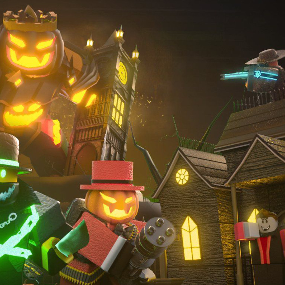 A Roblox-inspired Halloween village with glowing pumpkin characters and haunted buildings