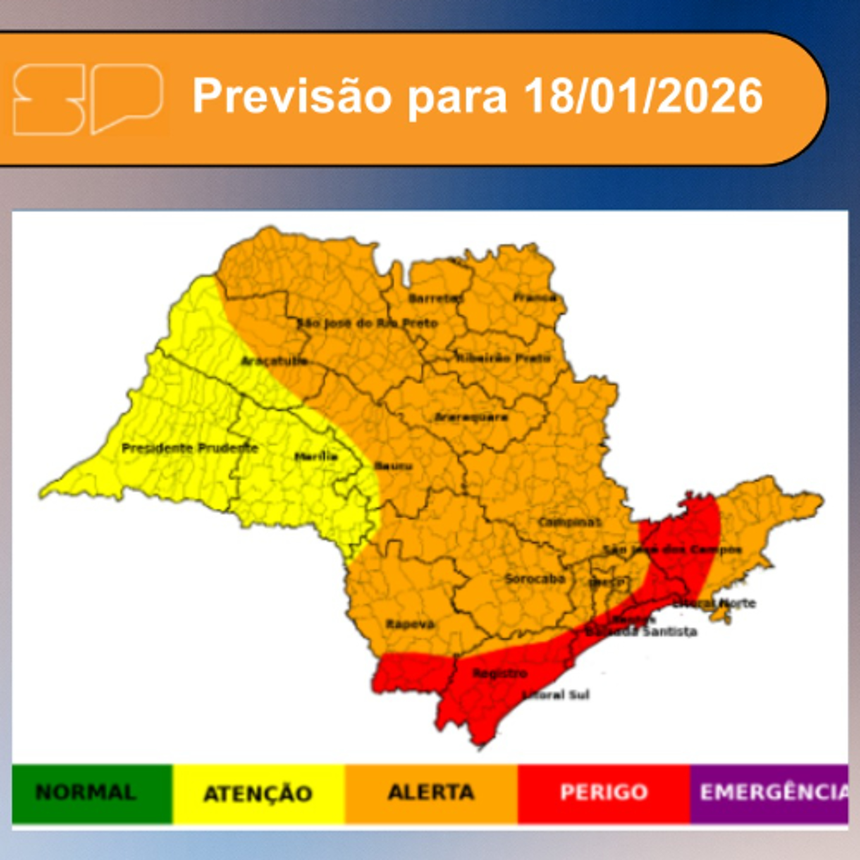 Defesa Civil - Domingo, dia 18/01/2026, o dia será marcado pela alta variação de nebulosidade em todo o Estado de São Paulo.
