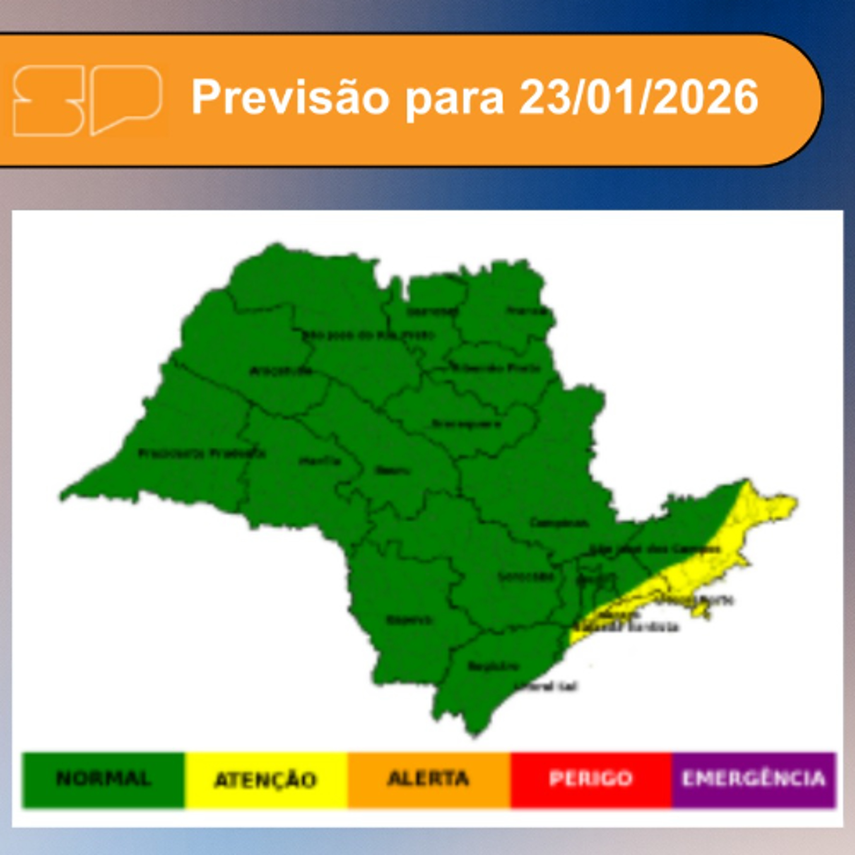 Defesa Civil - Sexta-feira, dia 23/01/2026,  dia será marcado pelo Sol entre algumas nuvens em todo o Estado de São Paulo