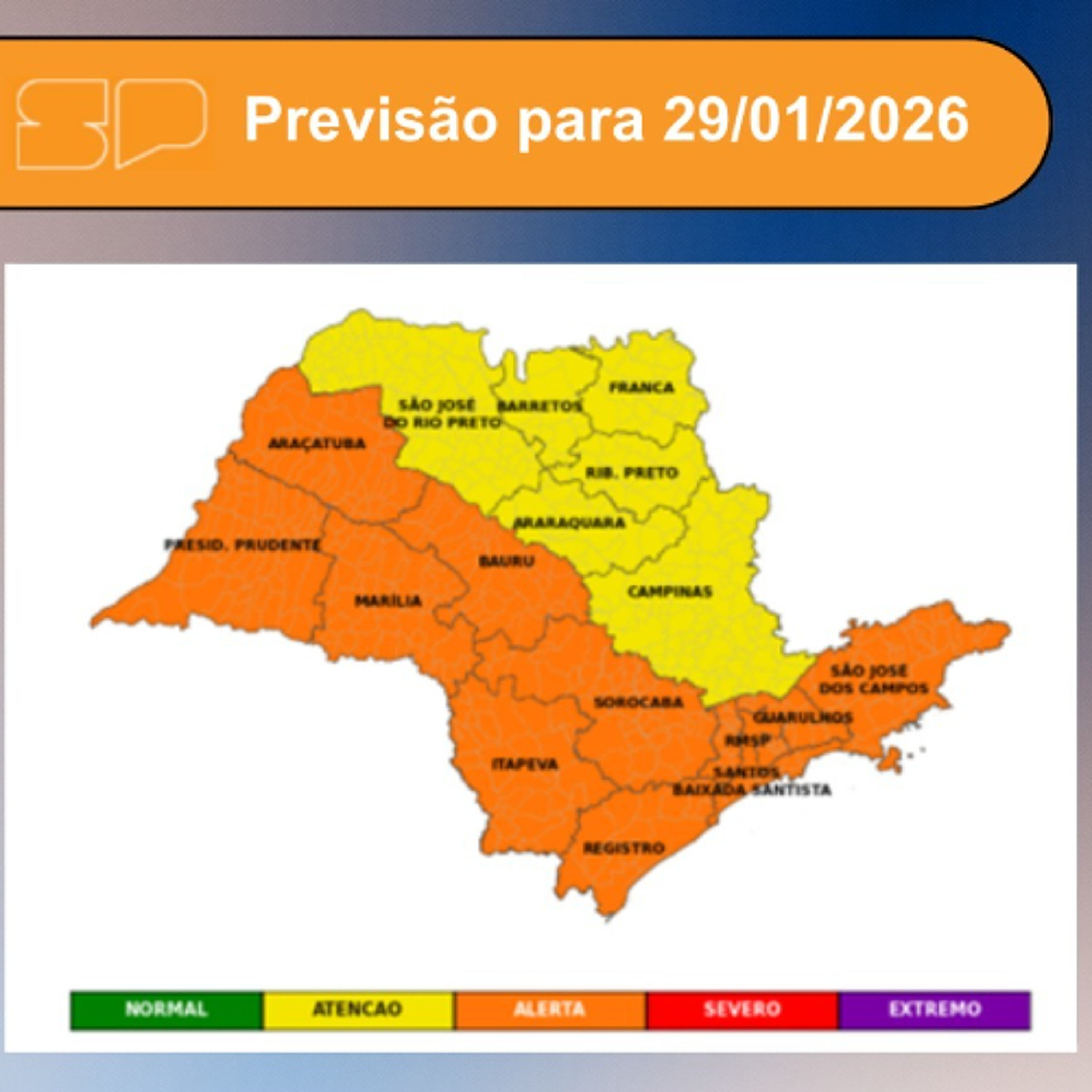Defesa Civil - Quinta-feira, dia 29/01/2026,  o dia será marcado por sol entre muitas nuvens em todo o Estado de São Paulo