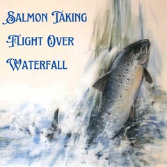 Salmon taking flight over waterfall