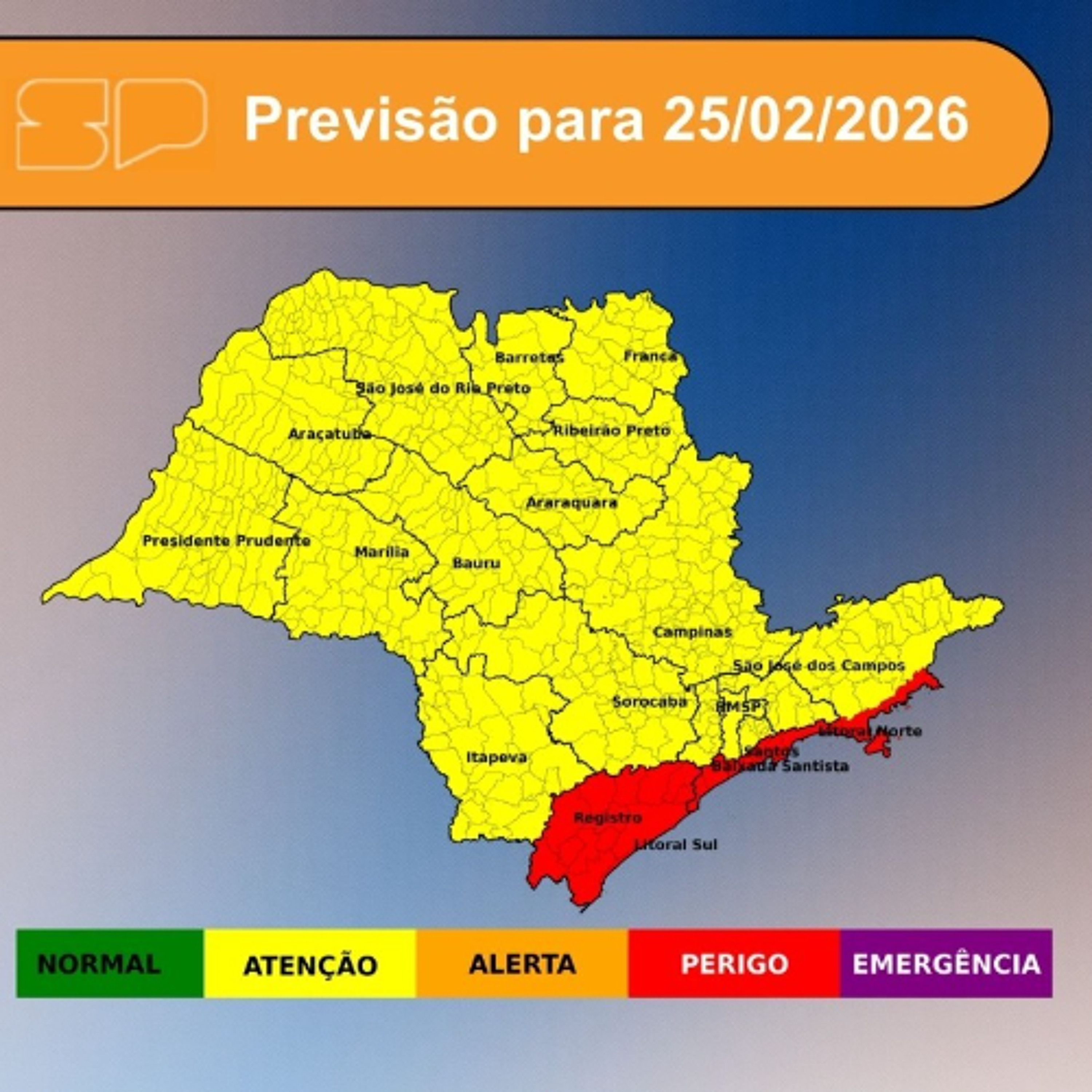 Defesa Civil - Quarta-feira, dia 25/02/2026, o avanço de uma nova frente fria, somado ao aporte de umidade proveniente da região Amazônica, deverá favorecer a ocorrência de acumulados expressivos no Estado de São Paulo