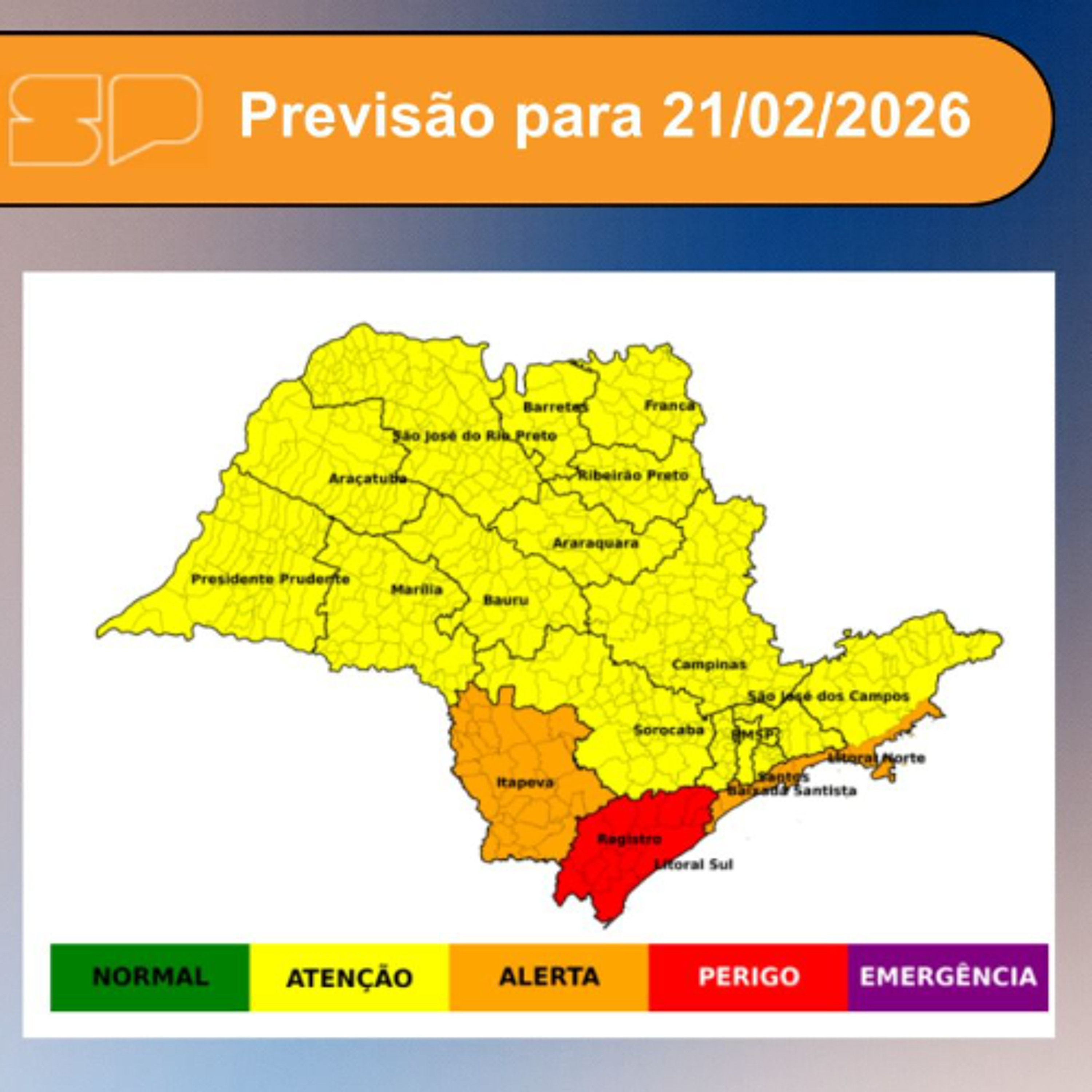 Defesa Civil - Sábado, dia 21/02/2026, o sol aparece entre muitas nuvens em todo o Estado de São Paulo
