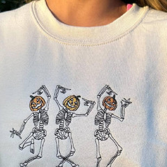 Dancing Skeleton Pumpkins Embroidered Crewneck Sweatshirt