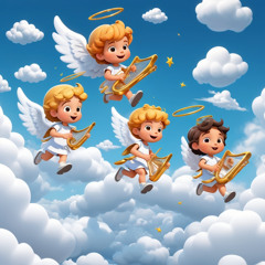 Little angel children running on white clouds while carrying small harps