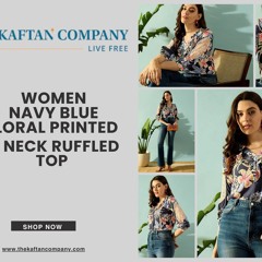 Women Navy Blue Floral Printed V Neck Ruffled Top