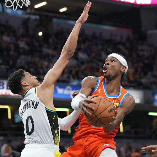 Mar 29, 2025; Oklahoma City, Oklahoma, USA; Oklahoma City Thunder guard Shai Gilgeous-Alexander (2) shoots as Indiana Pacers forward Jarace Walker (5) defends during the second half at Paycom Center.