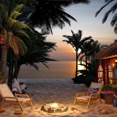 Cozy Beach House In Summer Evening Ambience With Campfire, Relaxing Ocean Sounds 10 Minutes