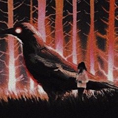 Corvine - a girl with her big crow standing in the deep woods of glowing trees 3/20