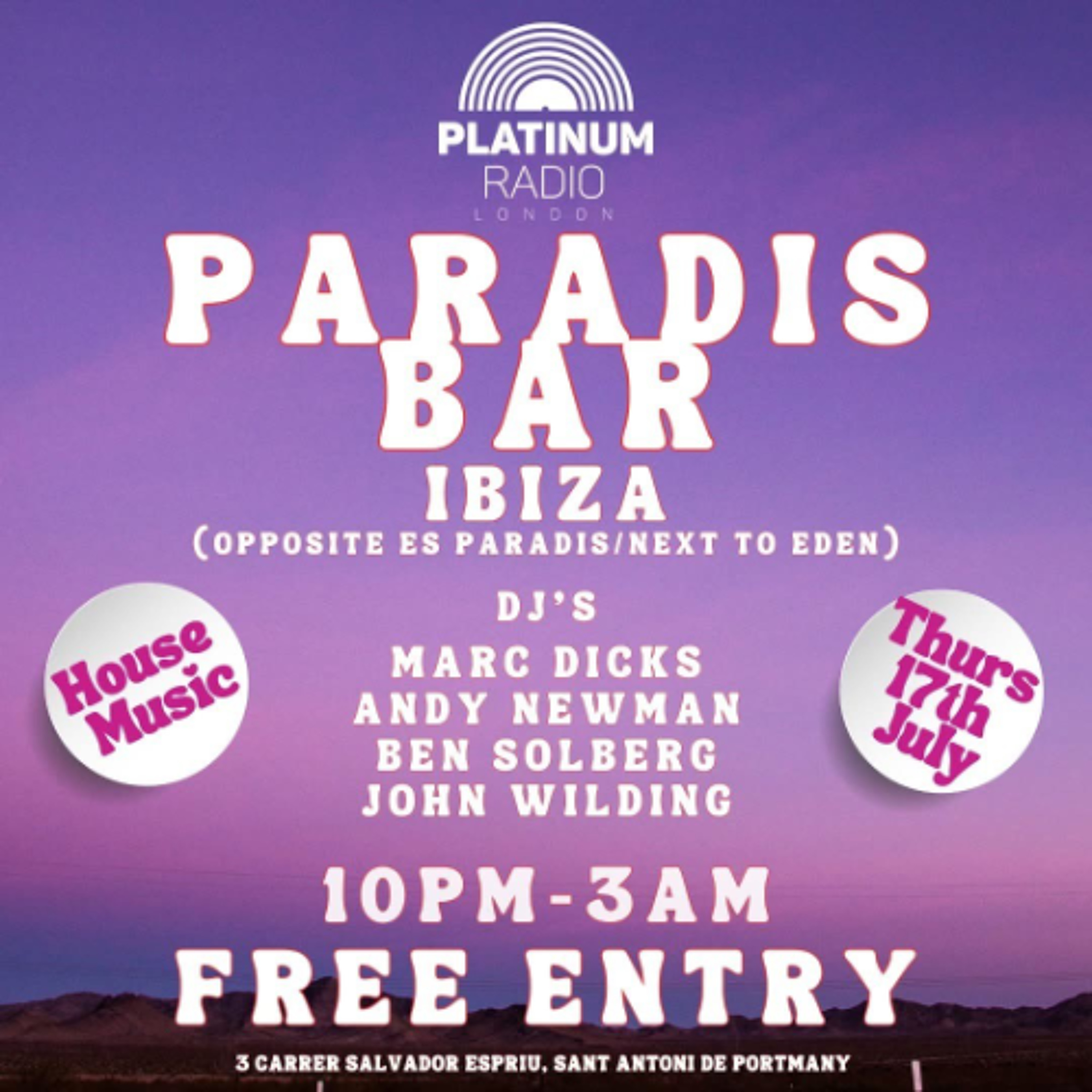 JW Live at The Paradis Bar - San Antonio, Ibiza (Thu 17 July '25)
