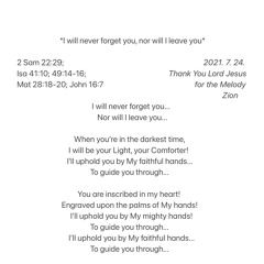 I will never forget you, nor will I leave you - no prelude (Thank You Lord Jesus for Melody)