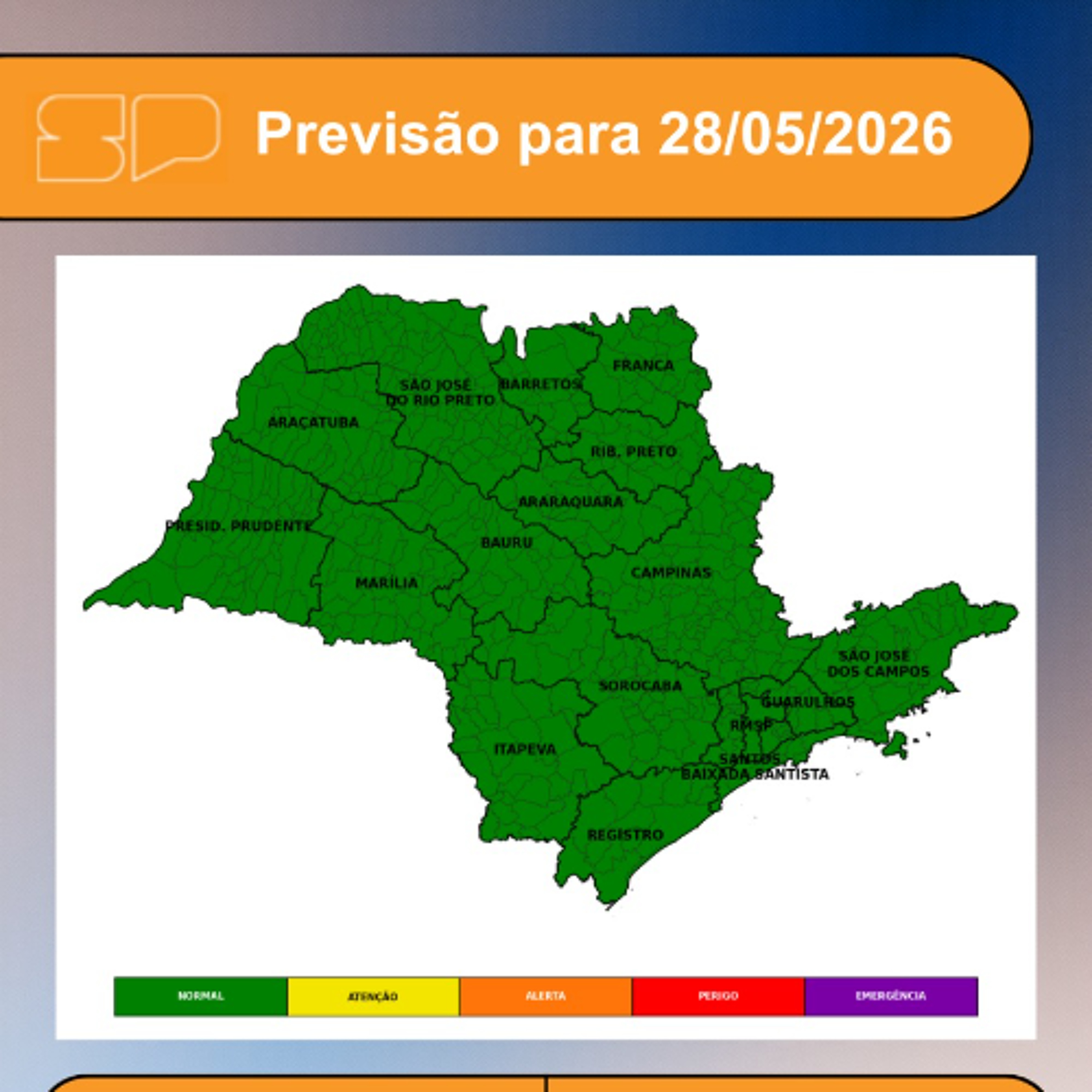 Defesa Civil - Quinta-Feira, dia 28/05, o tempo segue estável em grande parte do estado de São Paulo
