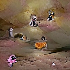 several species of small furry animals dancing at the sunrise  next to a rainbow