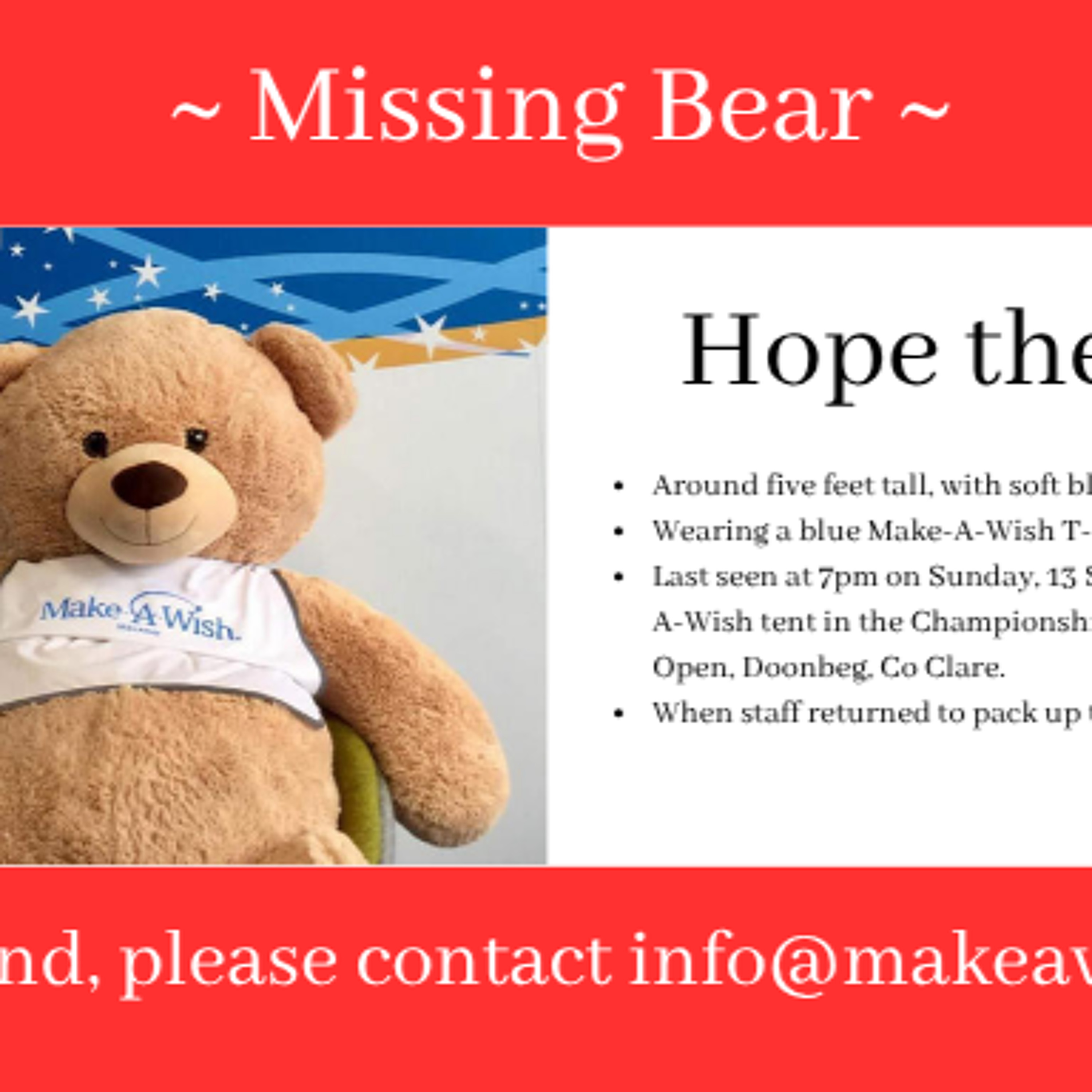Appeal Issued After Make-A-Wish Mascot Goes Missing From Trump's Doonbeg Resort During Irish Open