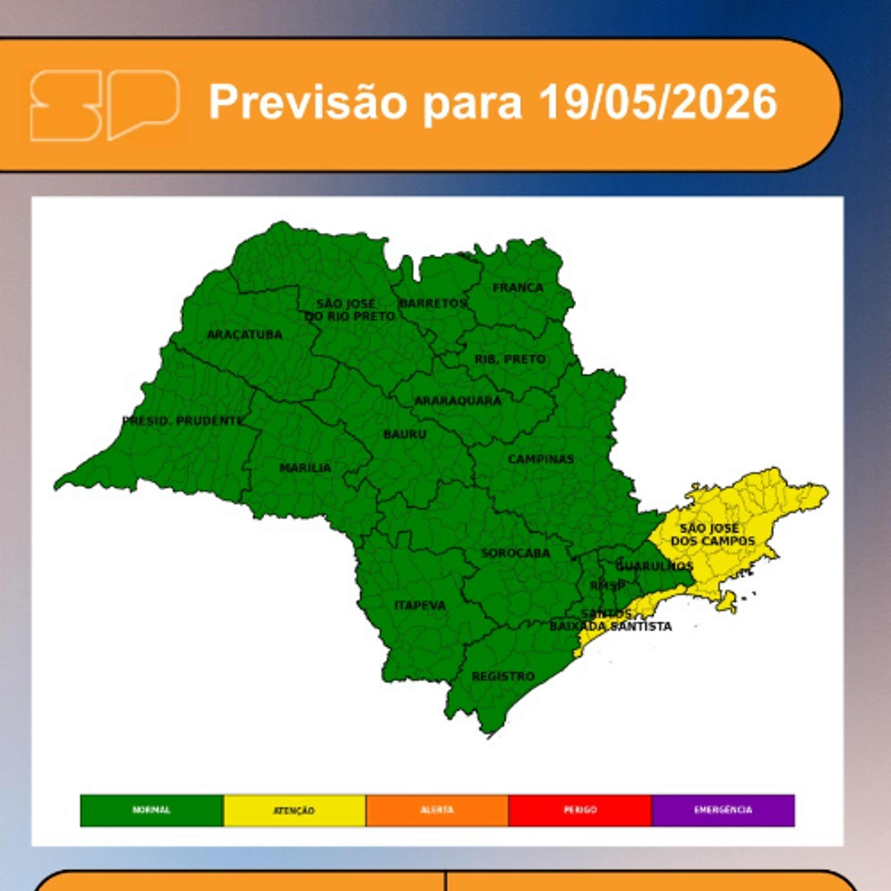 Defesa Civil - Terça, 19/05, com o afastamento da frente fria e a entrada de uma massa de ar frio e seco