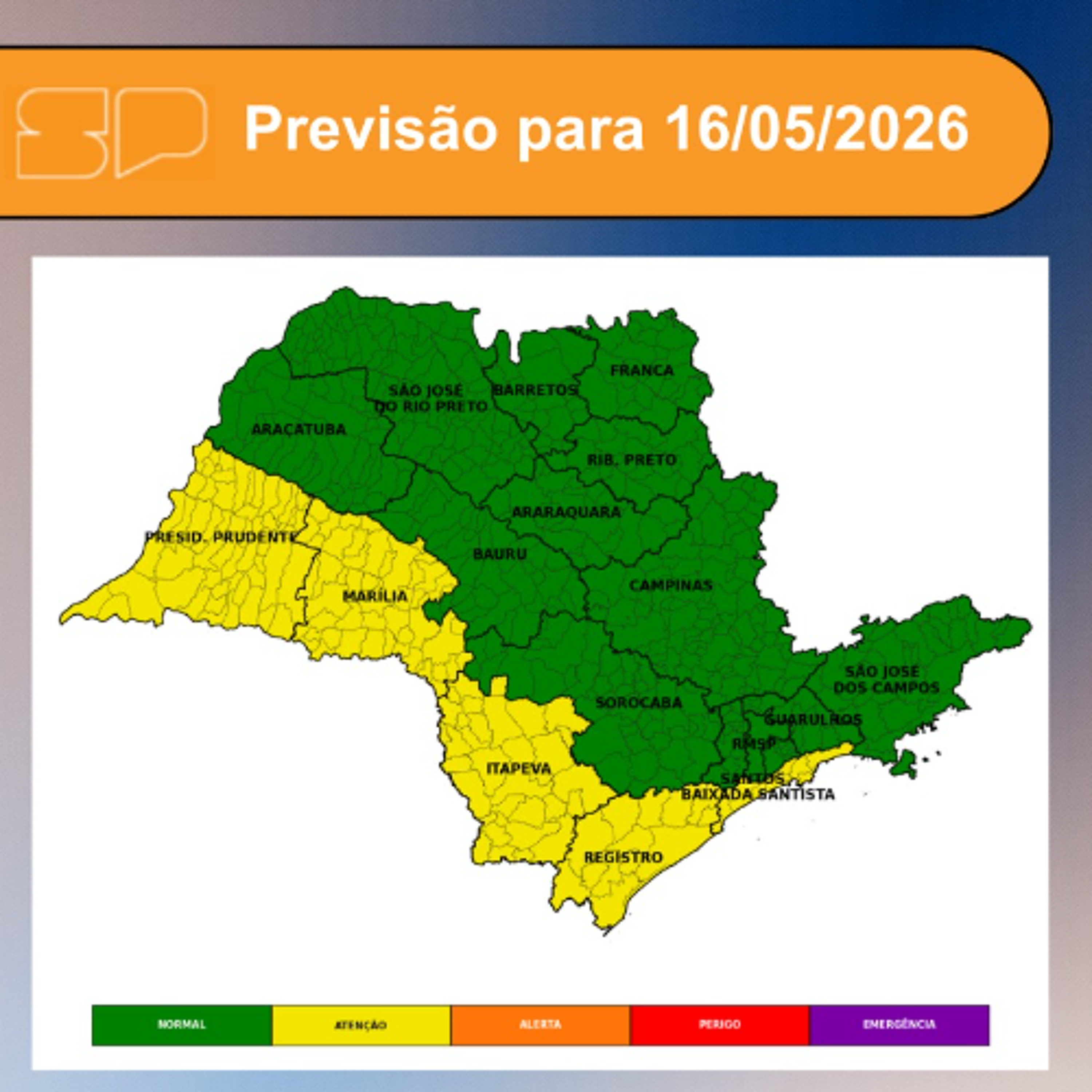 Defesa Civil - Sábado, 16/05, o dia começa com variação de nebulosidade em grande parte do estado de São Paulo