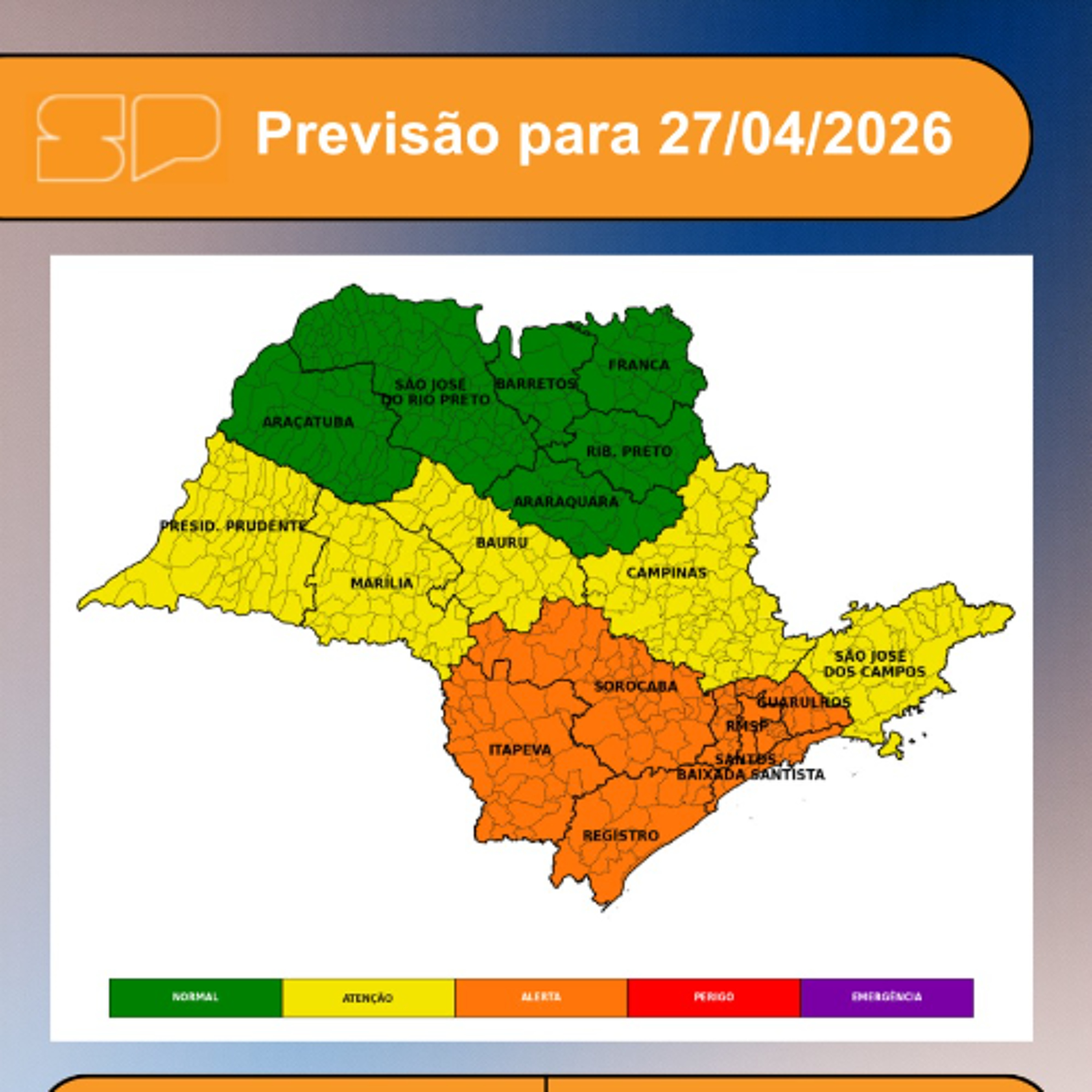 Defesa Civil - Segunda-feira, 27 de abril, o sol aparece entre muitas nuvens em grande parte do estado de São Paulo