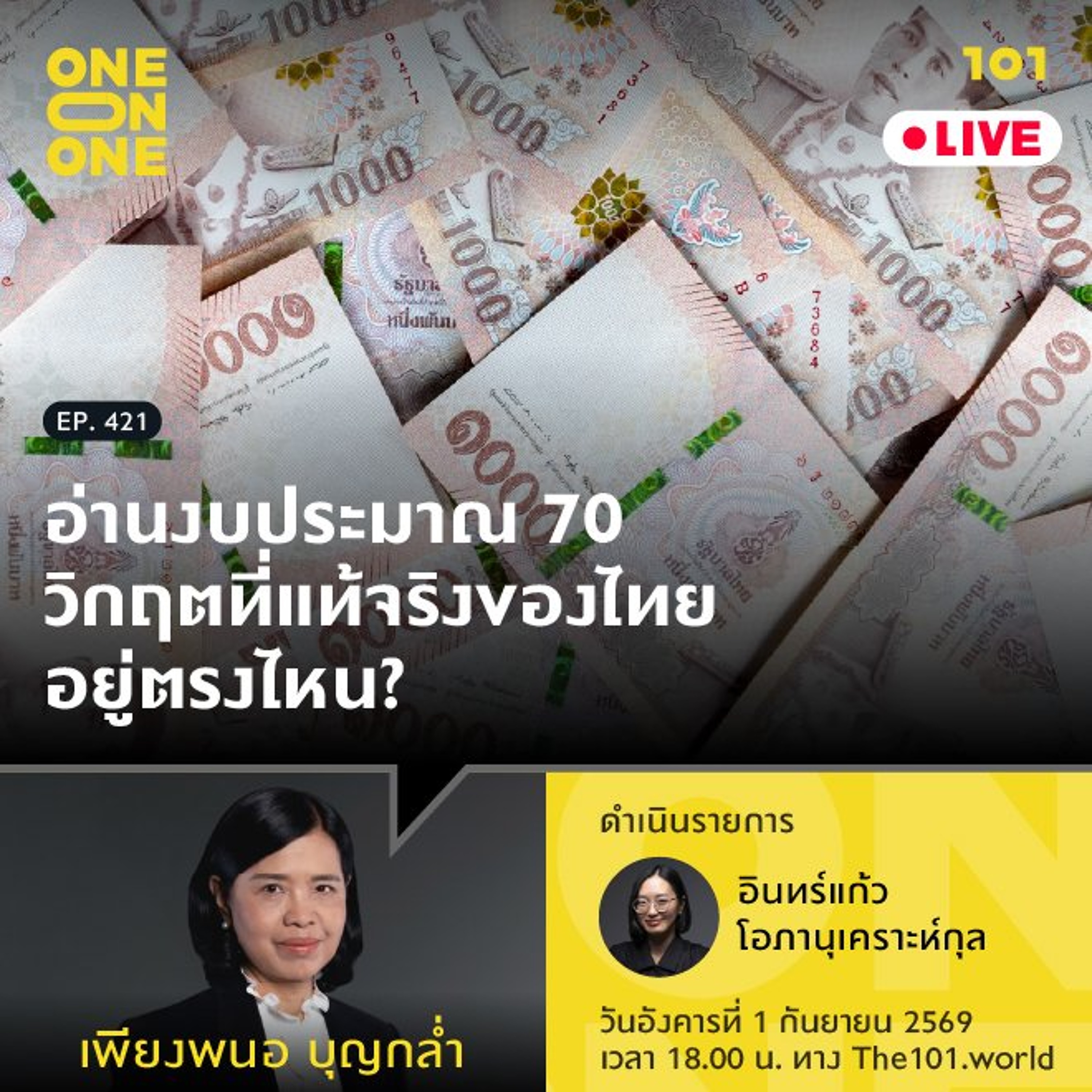 อ่านงบประมาณ 70 วิกฤตที่แท้จริงของไทยอยู่ตรงไหน? | เพียงพนอ บุญกล่ำ | 101 One-on-One EP.421 episode artwork
