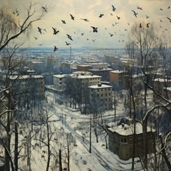Early winter city morning. Bird orchestra