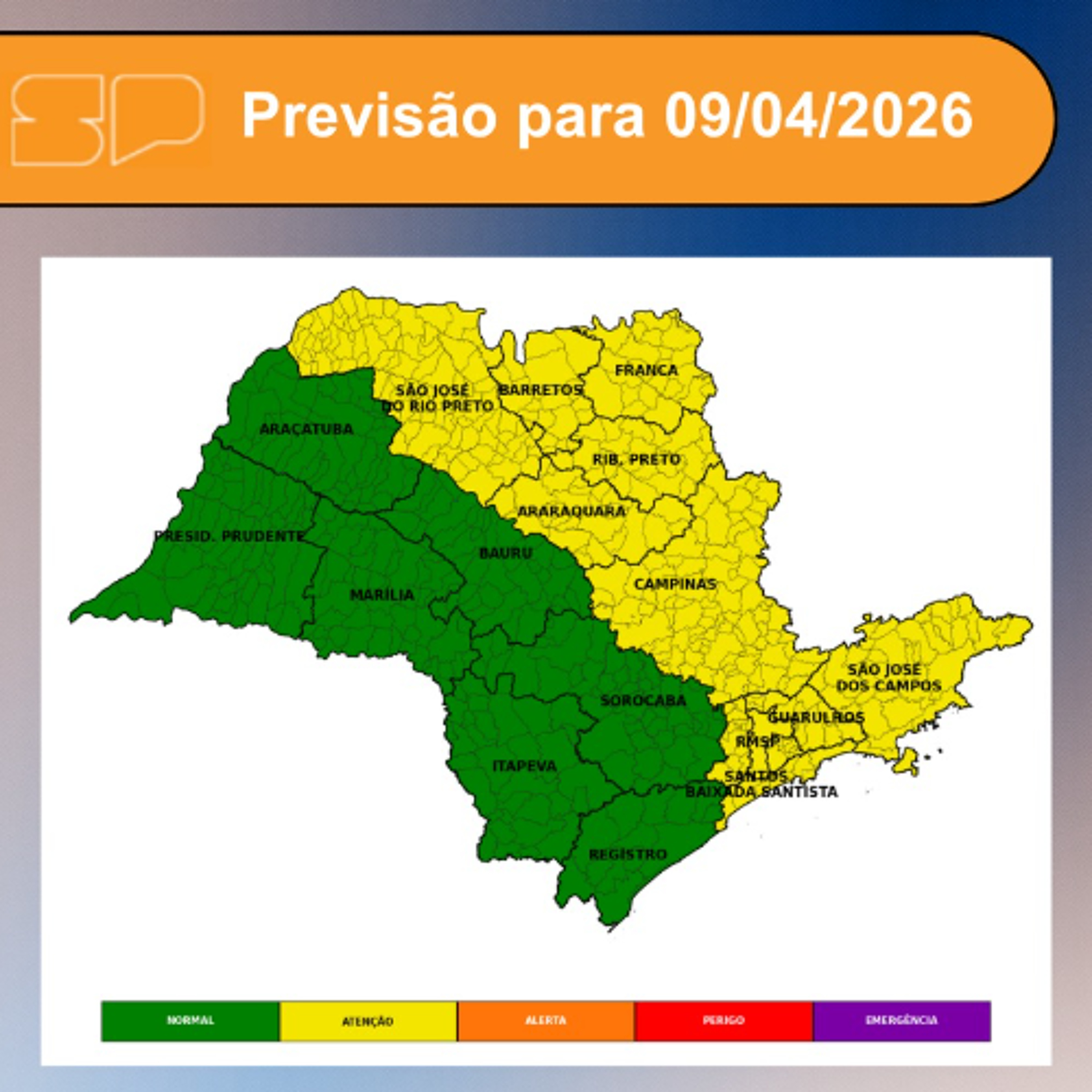 Defesa Civil - Quinta-feira, dia 09/04/2026, a frente fria que estava sobre São Paulo começa a se afastar