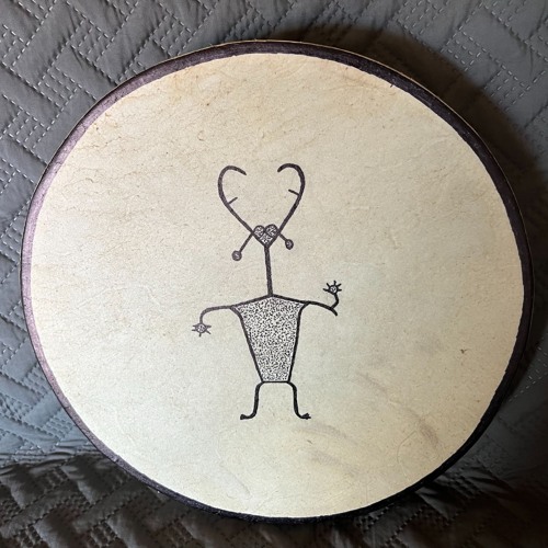 Elk Hide 16” Round Drum With Rock Art Drawings