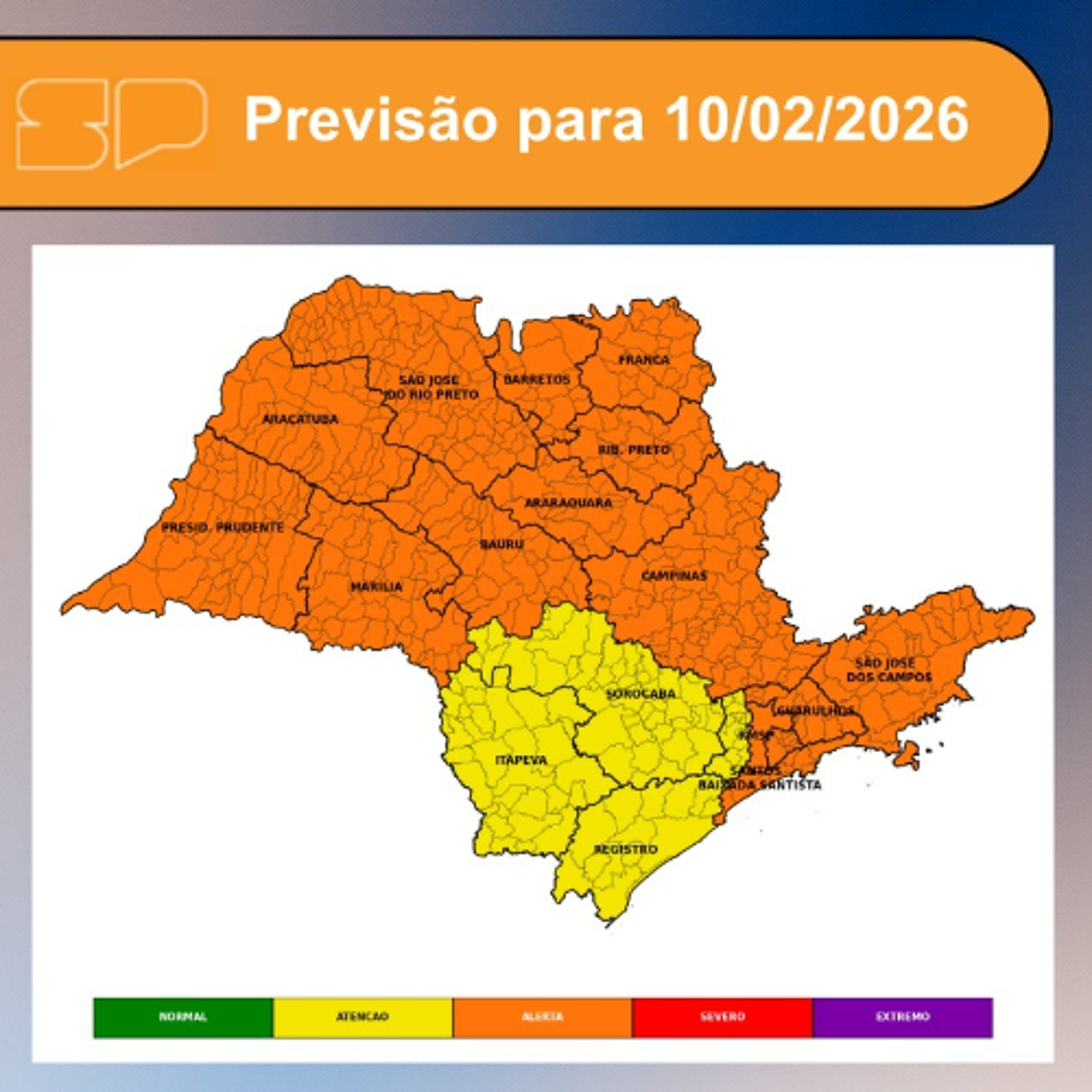 Defesa Civil - Terça-feira, dia 10/02/2026, o dia será marcado por sol entre muitas nuvens, com períodos de céu nublado em todo o Estado de São Paulo