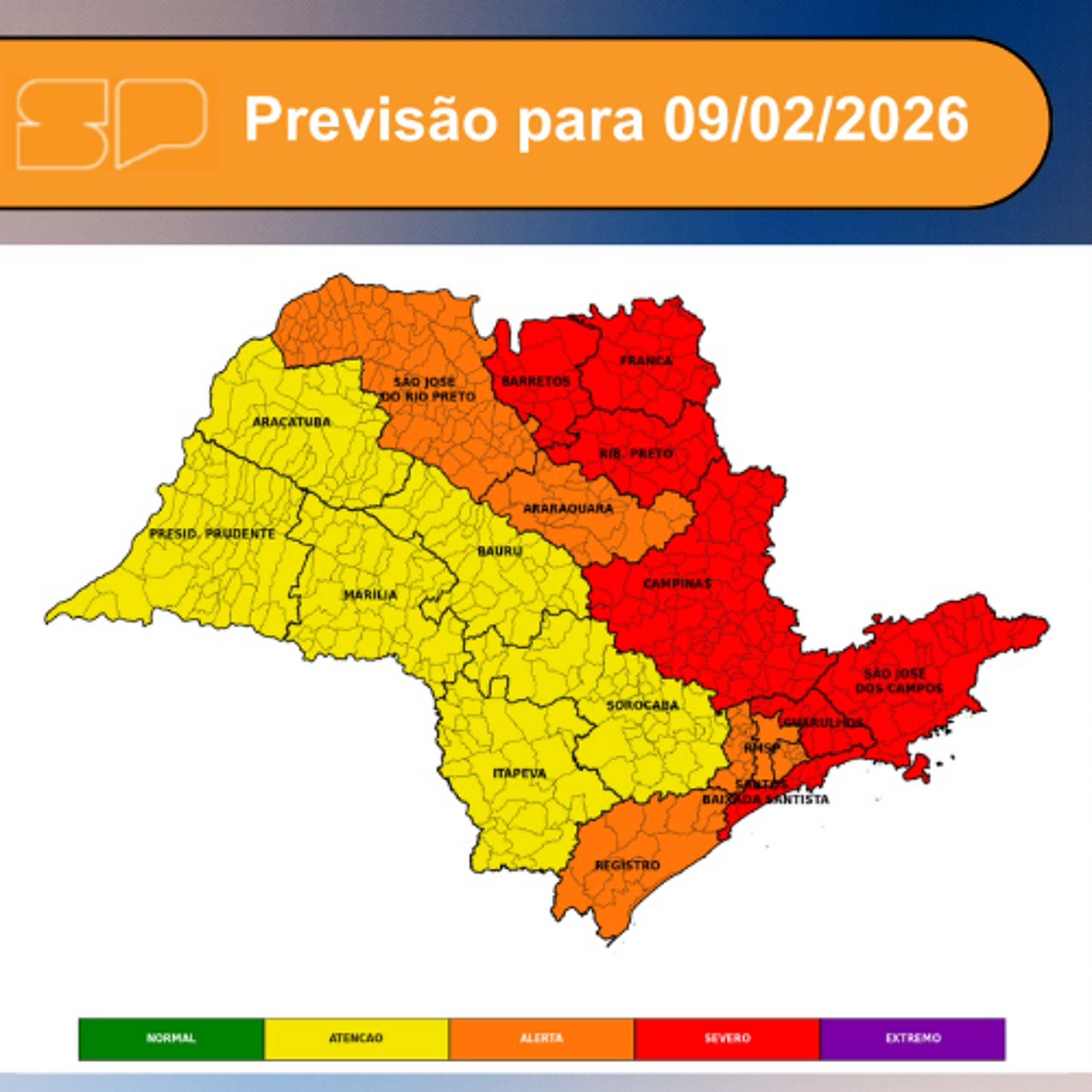 Defesa Civil - Segunda-feira, dia 09/02/2026, o dia amanhece com tempo firme em parte do Estado de São Paulo