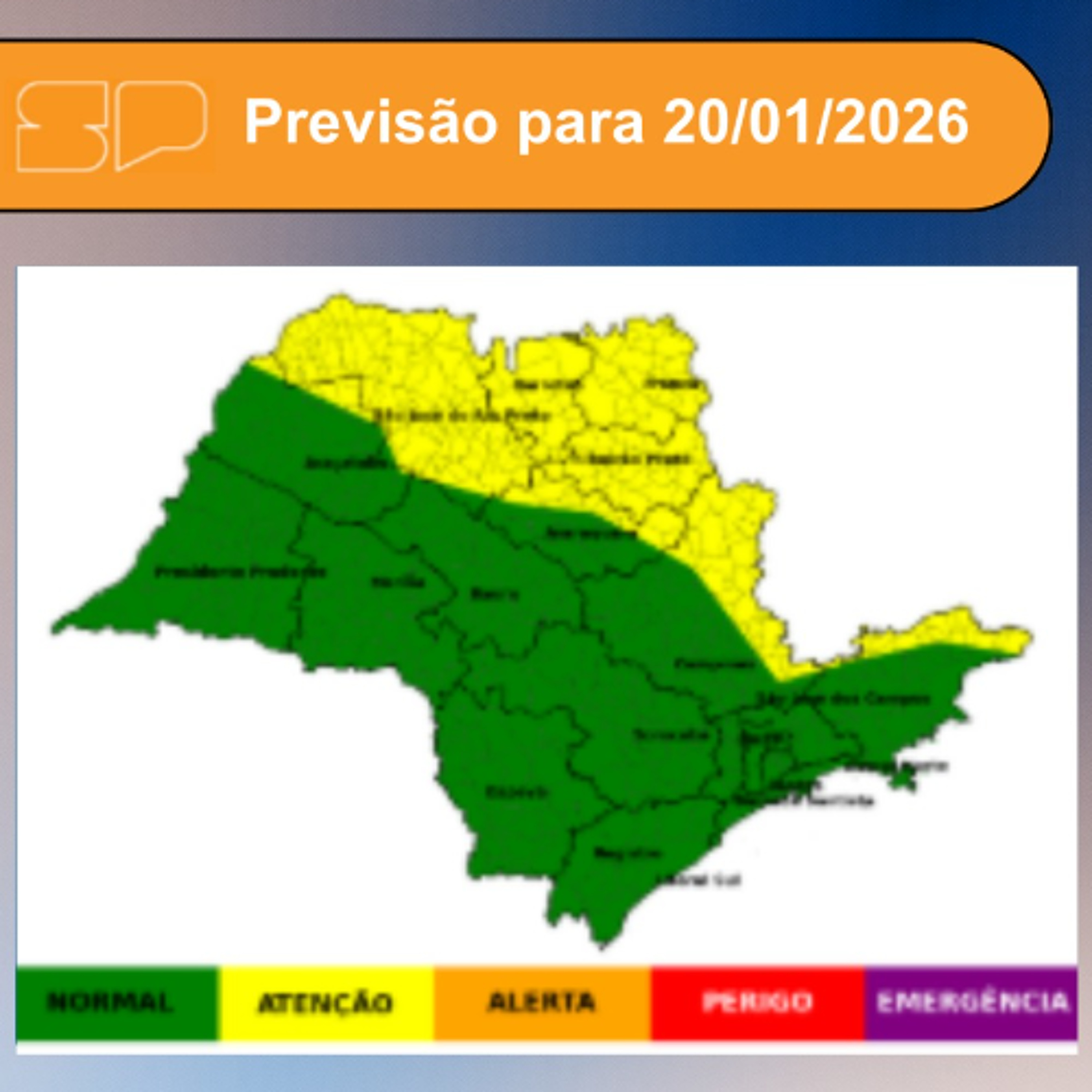 Defesa Civil - Terça-feira, dia 20/01/2026,a frente fria se afasta completamente do Estado de São Paulo.