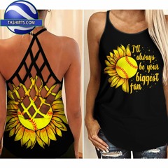 Softball sunflower i'll always be your biggest fan criss-cross open back camisole tank top
