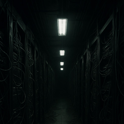 Aisles of a depressing datacenter