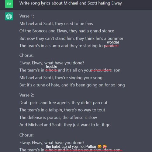 Michael and Scott Hate Elway (lyrics: chatGPT)