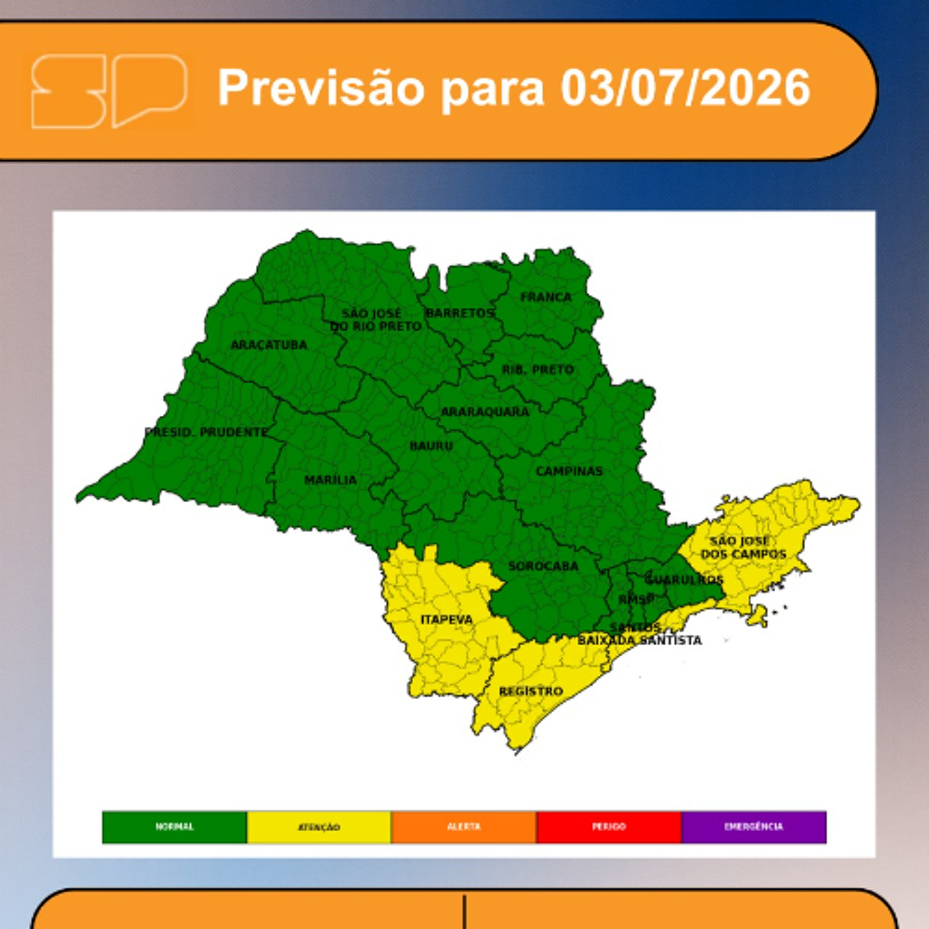 Defesa Civil - Sexta-Feira, dia 03/07,  uma frente fria avança pela costa paulista