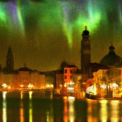 an oil painting of venice during norhern lights