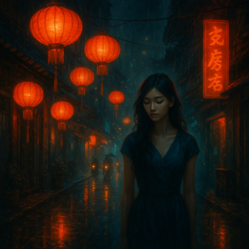 Red lanterns swing above the street,