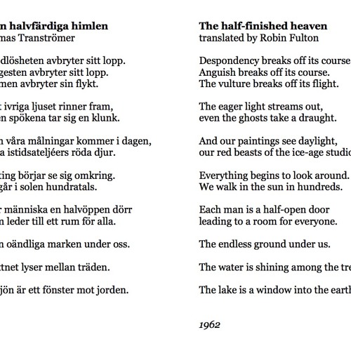 596 Den halvfärdiga himlen (The half-finished heaven) by Tomas Tranströmer, read by Michaela Caunter