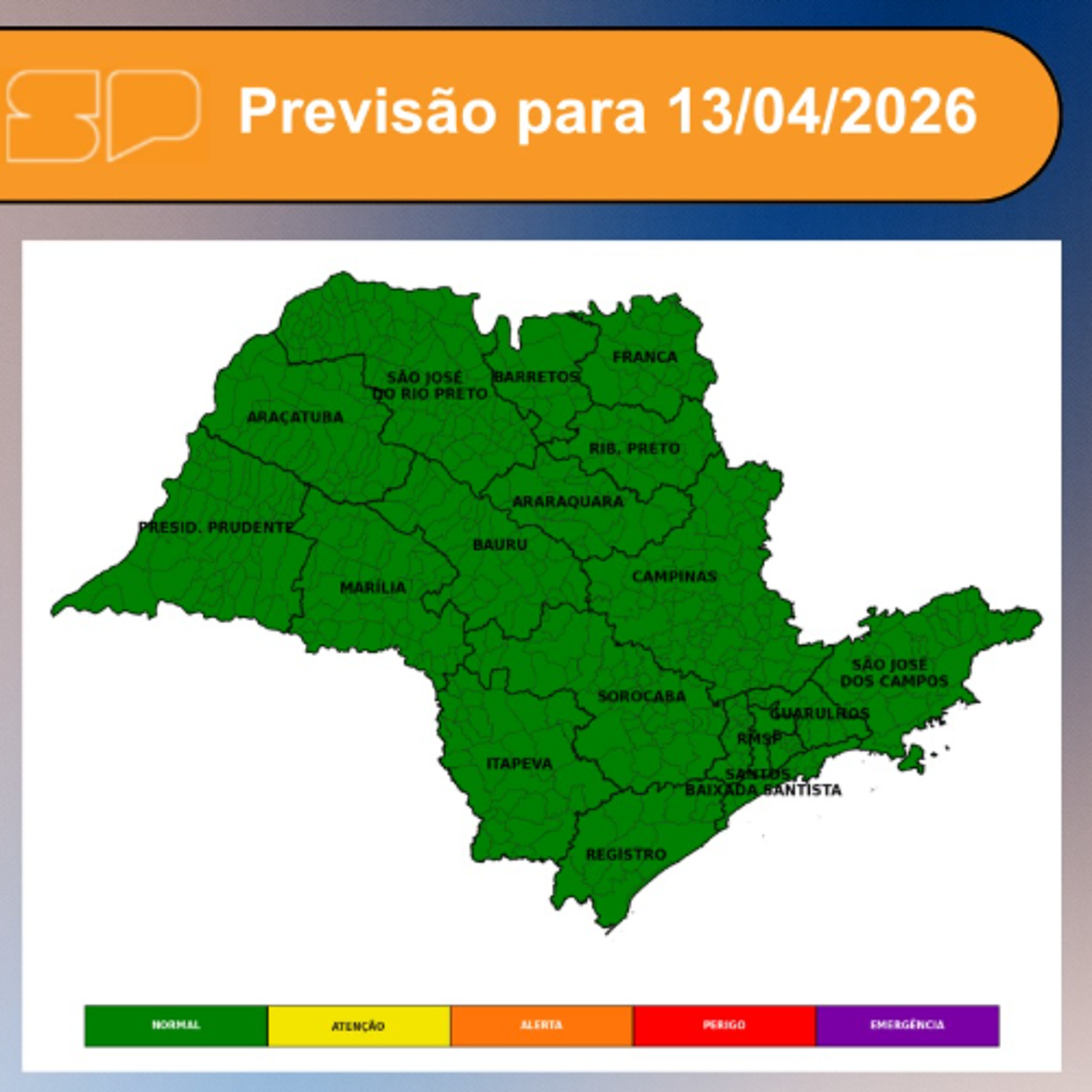 Defesa Civil - Segunda-feira, dia 13/04/2026, a presença de uma massa de ar seco mantém o tempo firme em todo o estado de São Paulo