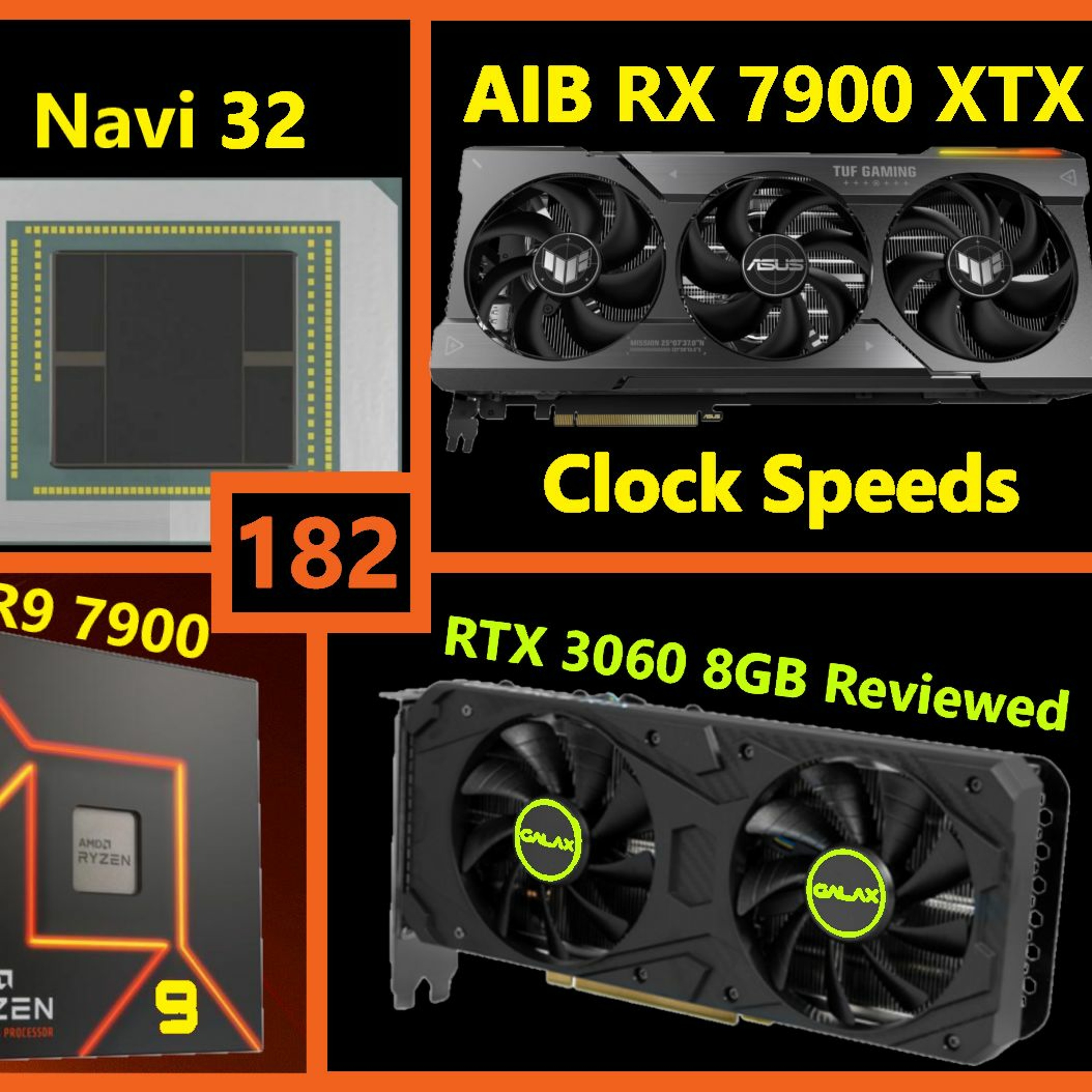 cover of episode 182. RTX 4070 Ti vs Navi 32, AIB 7900 XTX Clocks, 3060 8GB, R7 7700 & R5 7600 non-X