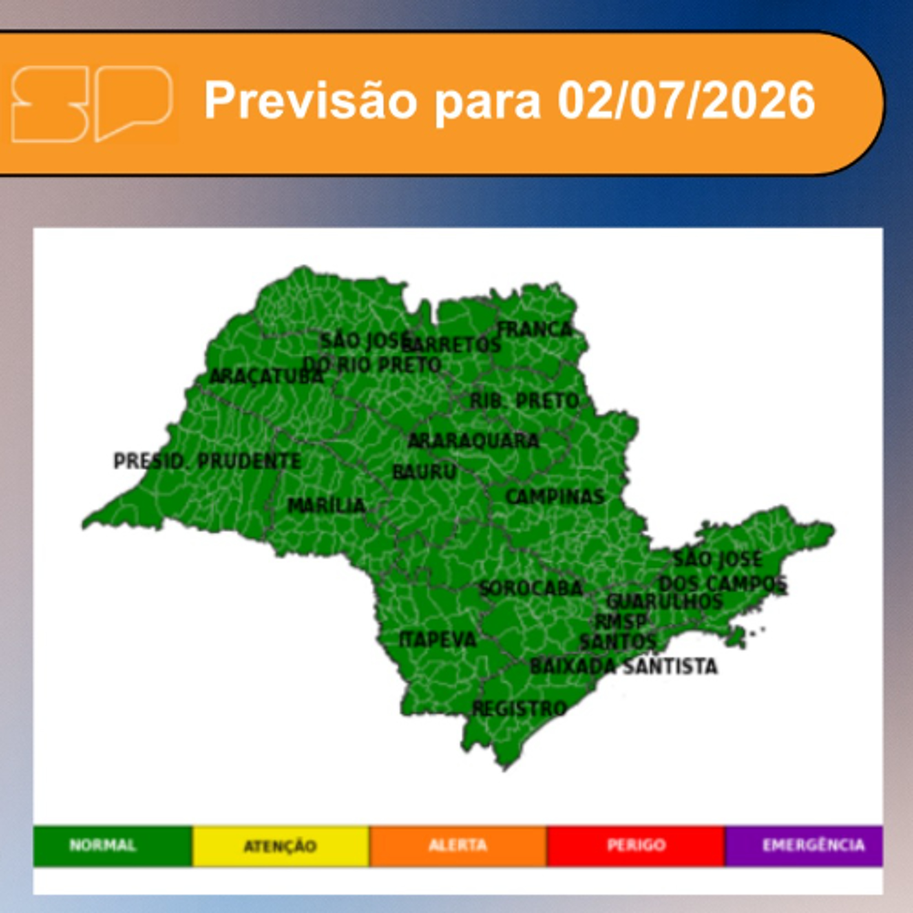 Defesa Civil - Quinta-Feira, dia 02/07, o tempo segue estável em grande parte do estado de São Paulo