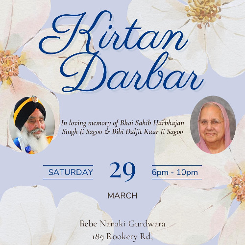 In loving memory of Bhai Sahib Harbhajan Singh Ji Sagoo & Bibi Daljit Kaur Ji Sagoo 29.3.25