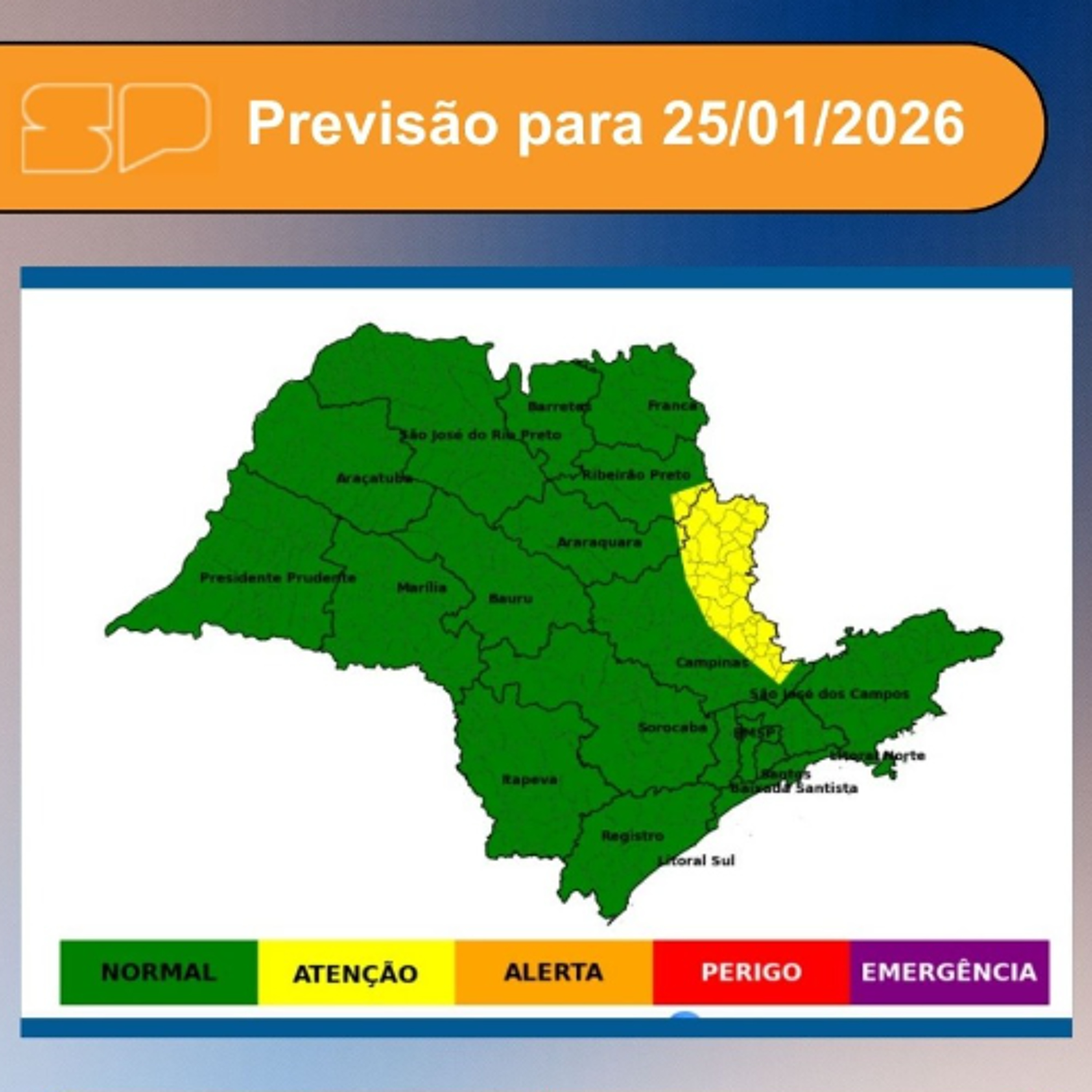 Defesa Civil - Domingo, dia 25/01/2026, o dia ainda será marcado pelo Sol entre algumas nuvens em todo o Estado de São Paulo