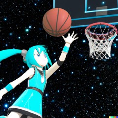 hatsune miku playing basketball in space