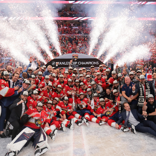 Jun 17, 2025; Sunrise, Florida, USA; The Florida Panthers pose for a photo with the Stanley Cup after winning game six of the 2025 Stanley Cup Final against the Edmonton Oilers at Amerant Bank Arena.