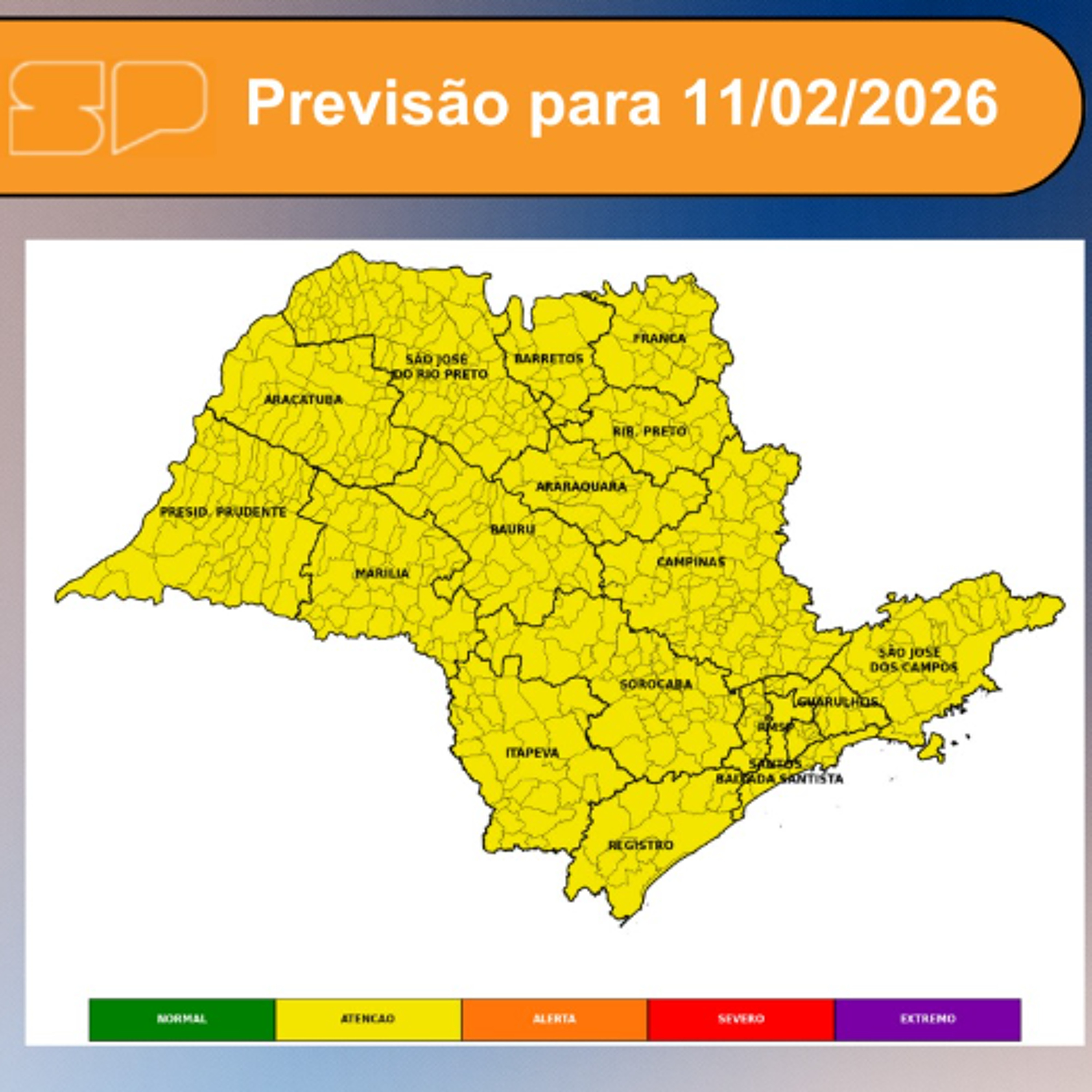 Defesa Civil - Quarta-feira, dia 11/02/2026,  o canal de umidade perde força sobre o Estado de São Paulo