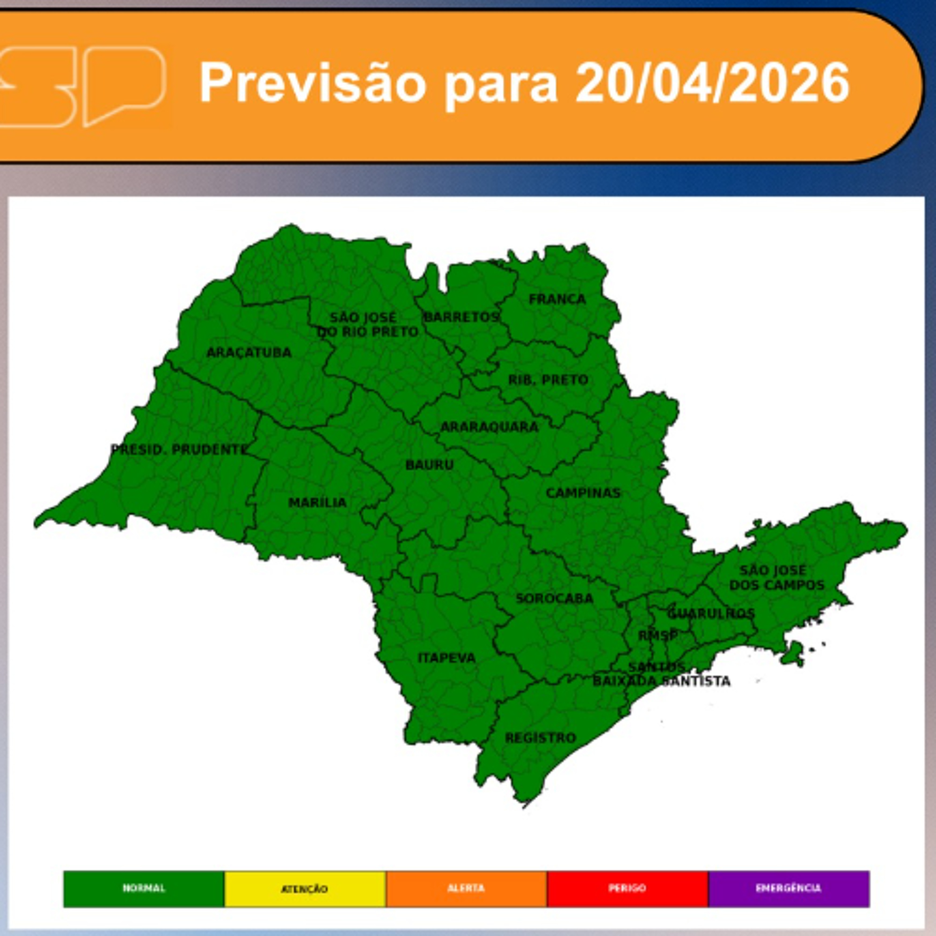 Defesa Civil - Segunda-feira, dia 20/04/2026, o tempo segue estável em todo o estado de São Paulo