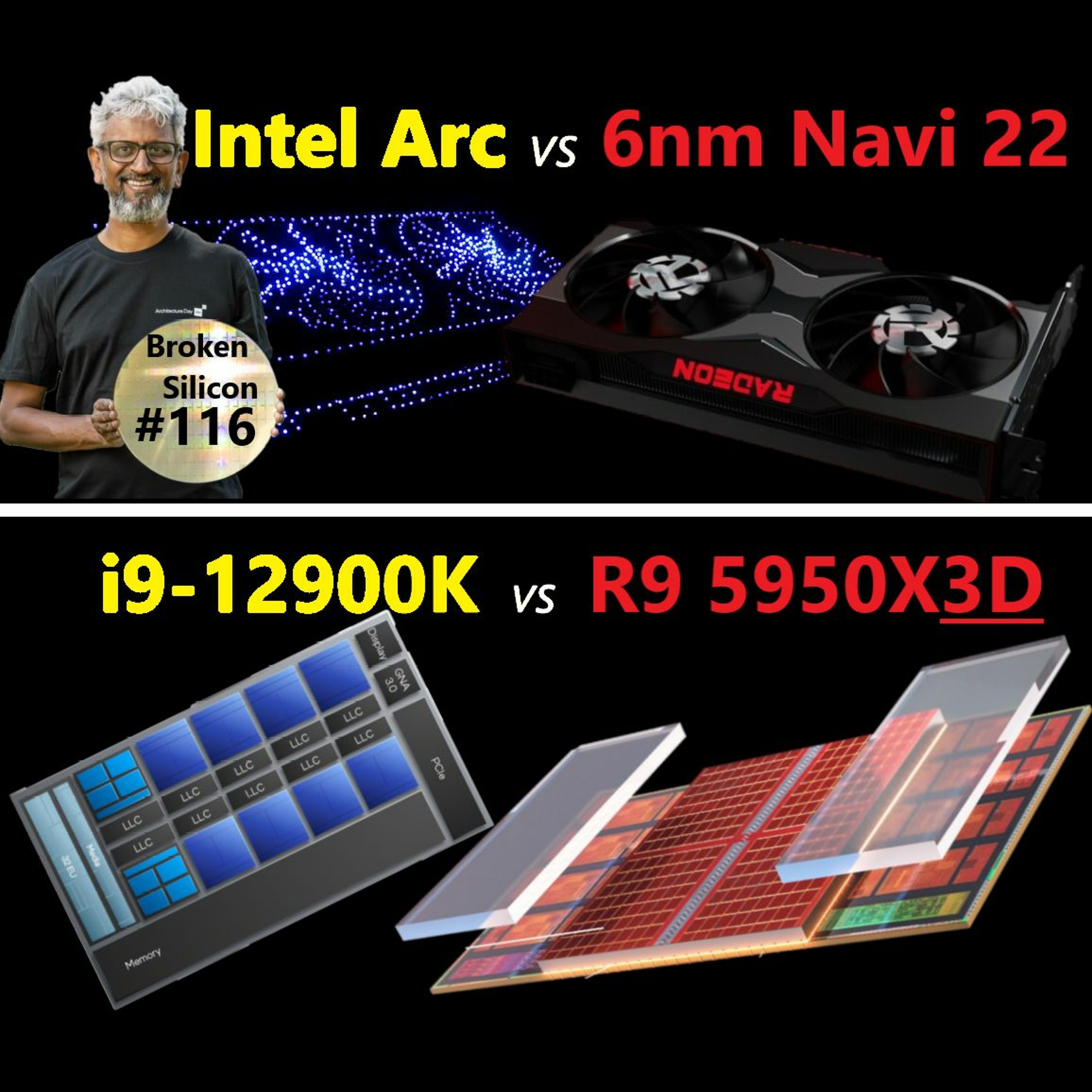 cover of episode 116. AMD 6nm Navi 22 vs Arc Xe-HPG, i9-12900K vs R9 5950X3D, Intel Royal Core