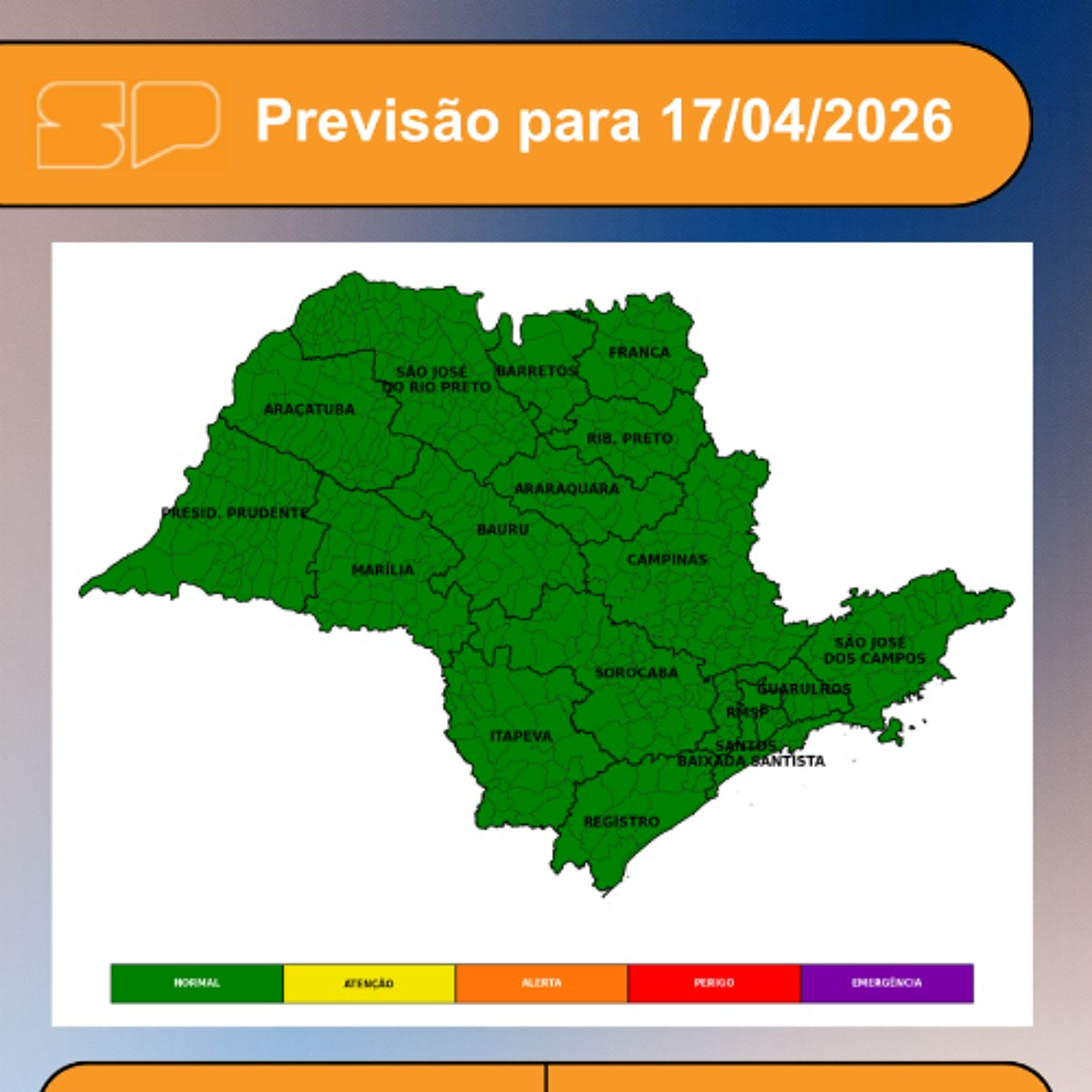 Defesa Civil - Sexta-feira, dia 17/04/2026, o tempo segue firme em todo o Estado de São Paulo