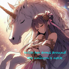 With her arms around the unicorn's neck