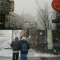 walking through the snow for a coffee shop ..